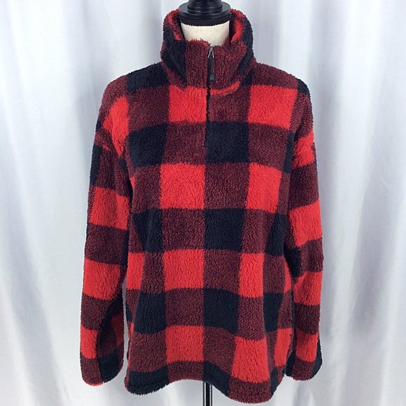 Eddie Bauer 1/4 Zip Fleece Pullover Womens Size Large Buffalo Plaid Red Black - Picture 1 of 9
